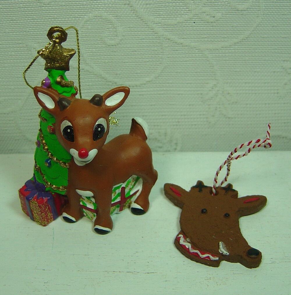 2 REINDEER ORNAMENTS-HALLMARK REINDEER COOKIE & RUDOLPH ANIMATED PICTURE